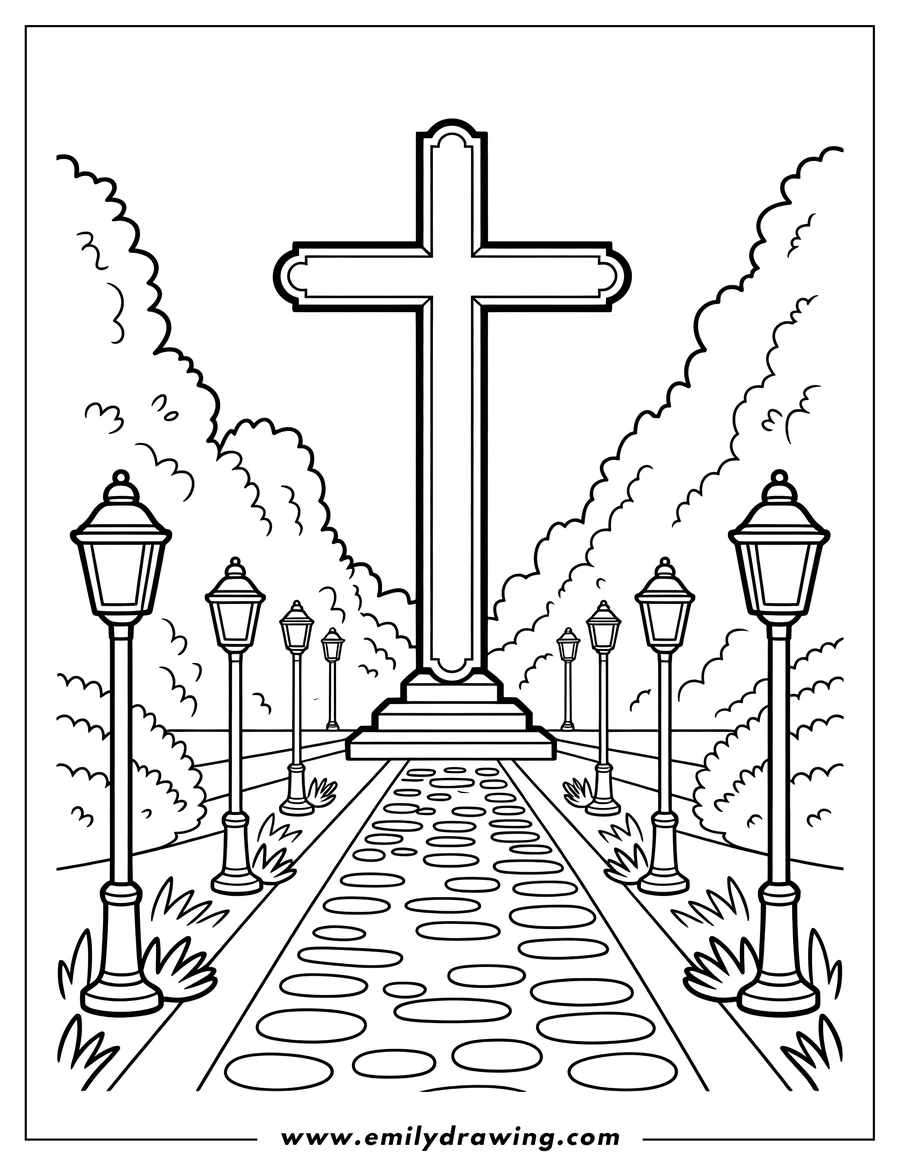 Outline of a large cross monument at the end of a stone path lined symmetrically with ornamental lamp posts.