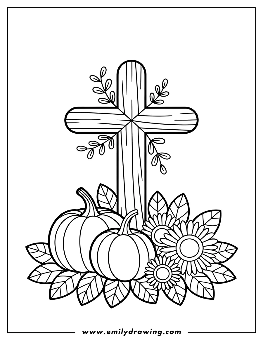 Line art of a rustic wooden cross decorated with branches and surrounded at the base by two pumpkins, large leaves, and daisy-like flowers.