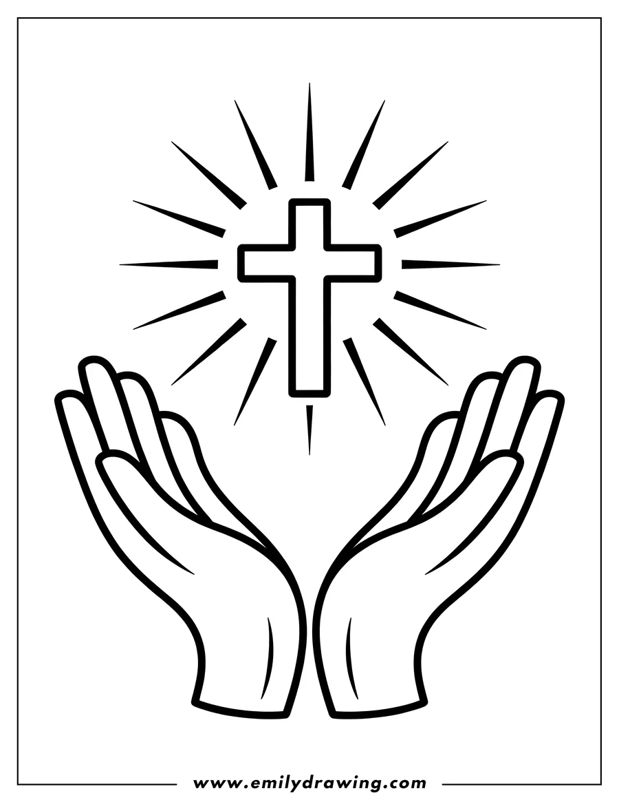 Line art of a Christian cross with a radiant glow above two cupped hands, symbolizing faith or prayer.