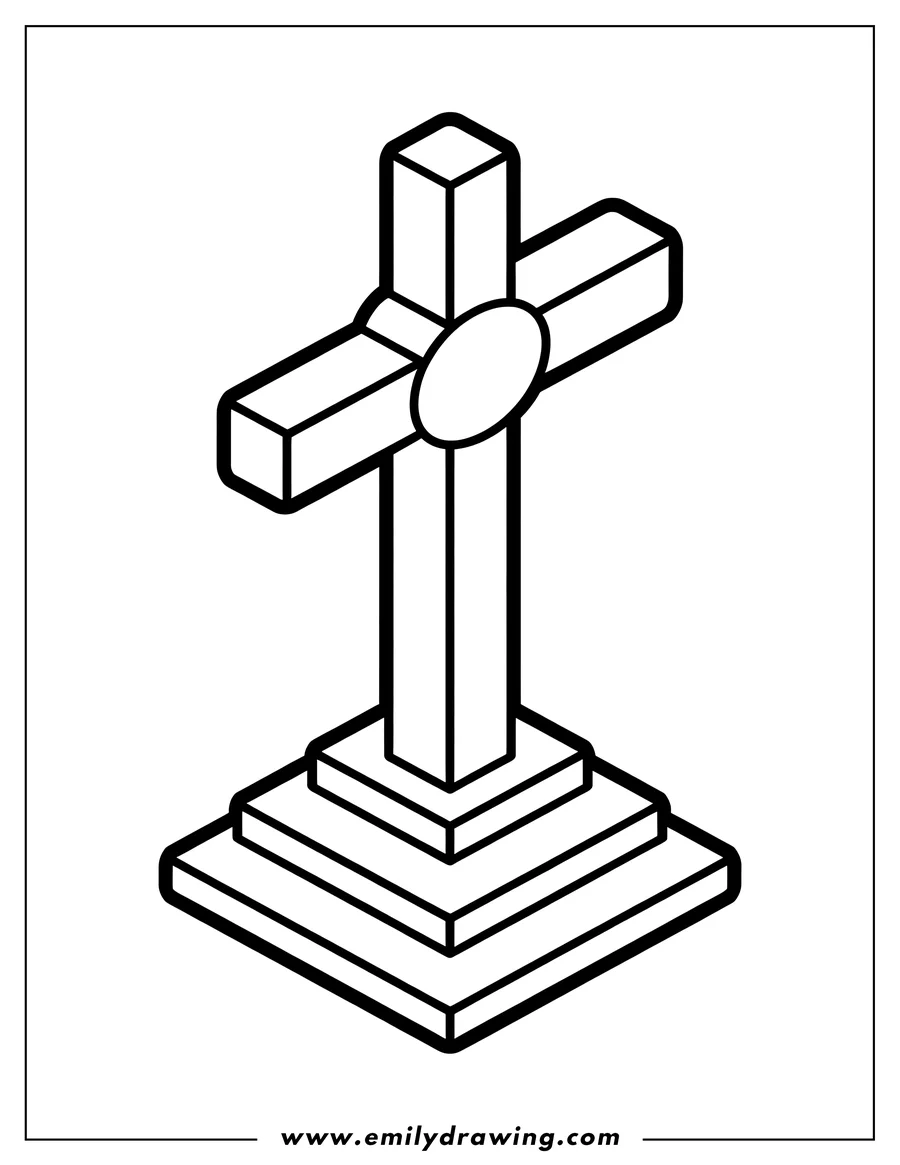 Outline of a block-style 3D cross featuring a central oval detail, standing upright on a multi-tiered, stepped square base.