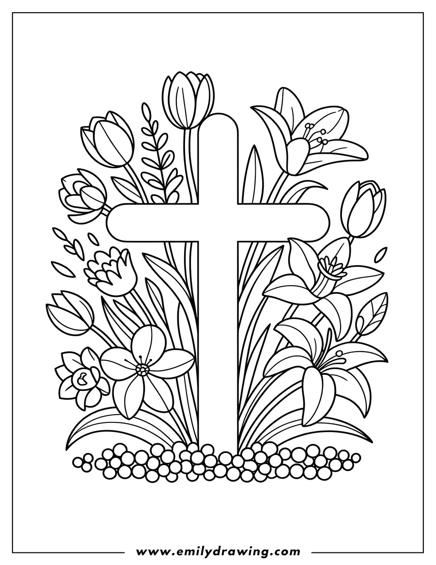 Outline of a simple cross framed by detailed spring flowers, including tulips and lilies, rising from a bed of small pebbles or stones.