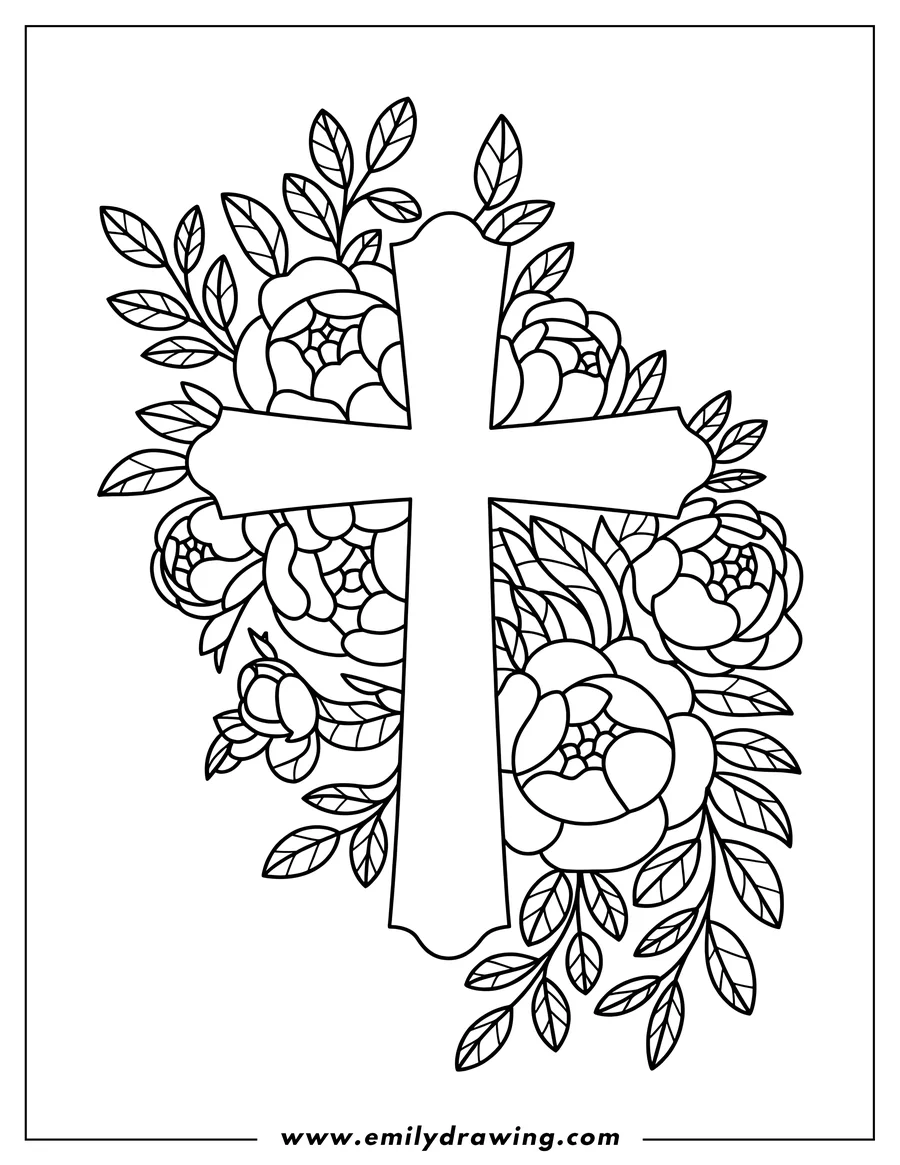 Outline of a decorative Christian cross framed by large peony flowers and leafy vines.