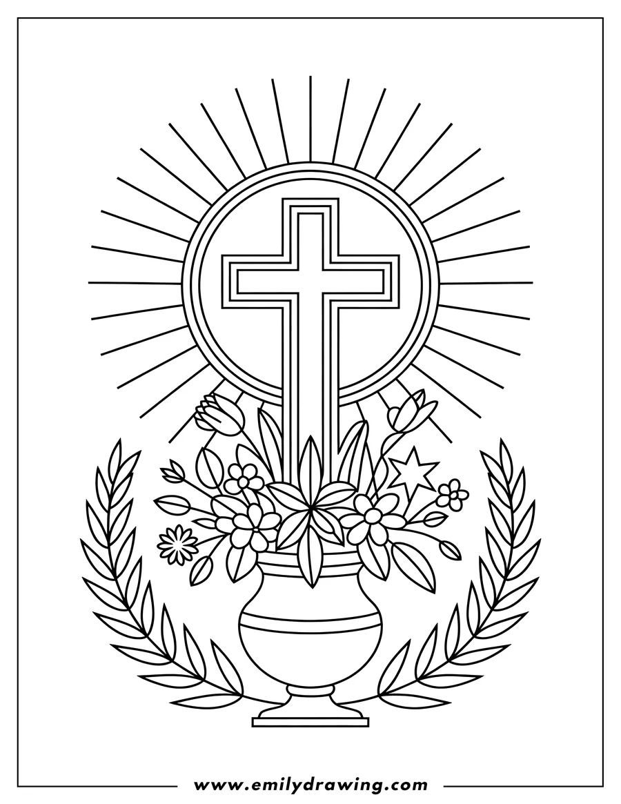 Outline of a Christian cross centered in a sunburst circle, rising from a vase overflowing with various flowers, and framed by a decorative laurel wreath.