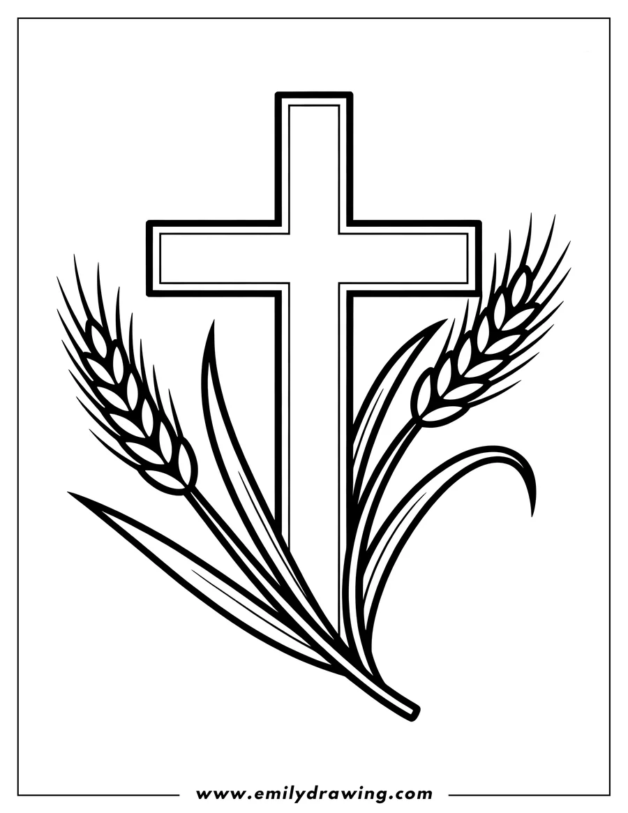 Outline of a Christian cross centered between two detailed stalks of wheat rising from the base