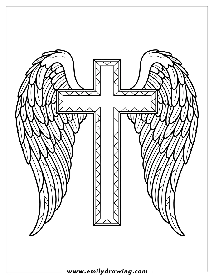 Outline of a large Christian cross flanked by detailed angel wings. The cross features an inner border with a geometric zig-zag pattern.