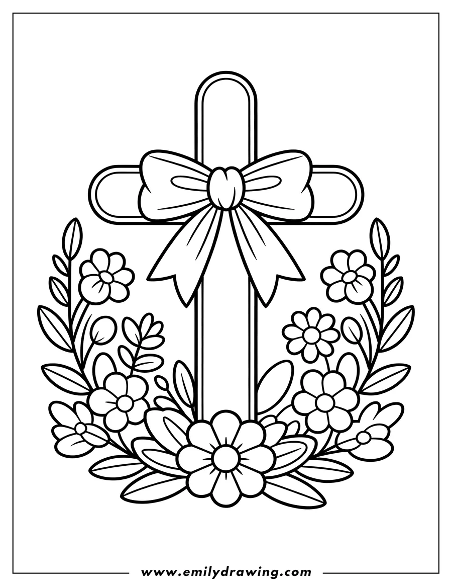Outline of a Christian cross adorned with a large bow and surrounded by a garland of spring flowers and leaves.