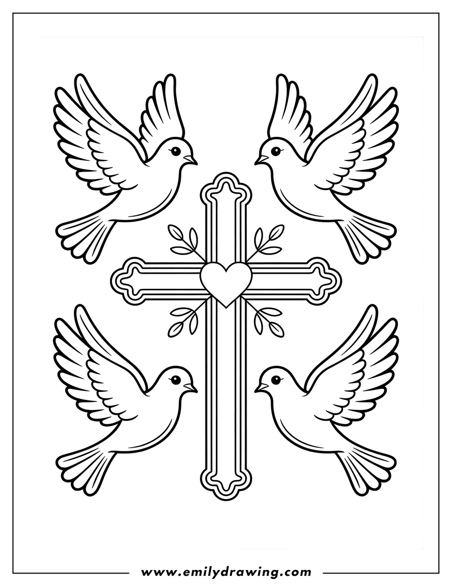 Outline of a decorative cross centered with a heart and small leafy branches, surrounded symmetrically by four flying doves.