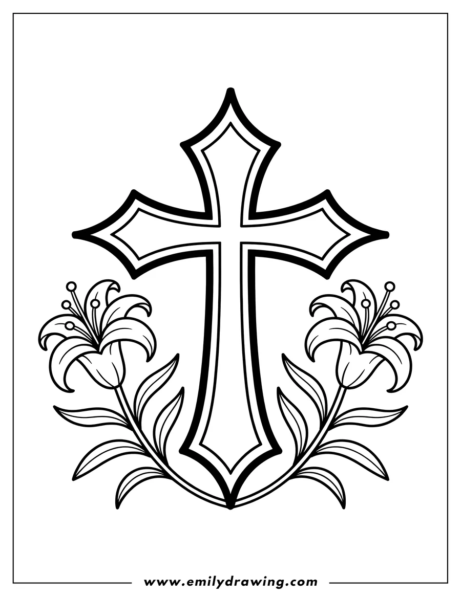 Outline of a decorative Christian cross with pointed arms, flanked on either side by large lily flowers and foliage at the base.