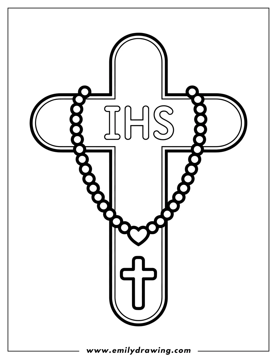 Line art of a large Christian cross inscribed with the IHS monogram, draped with a rosary featuring a heart charm and a small cross pendant.