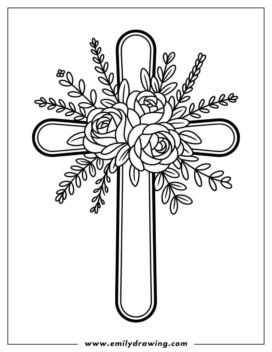 Line art outline of a cross adorned with three detailed roses and surrounding botanical foliage centered at the intersection.