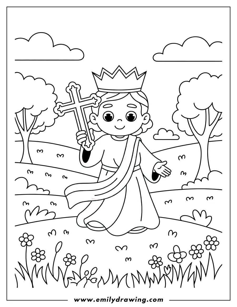 Outline of a crowned figure in robes holding a decorative Christian cross, standing in a meadow setting with trees and small flowers.