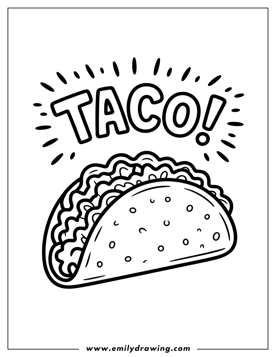 Line art of a crunchy taco with lettuce filling. Ready to be colored!