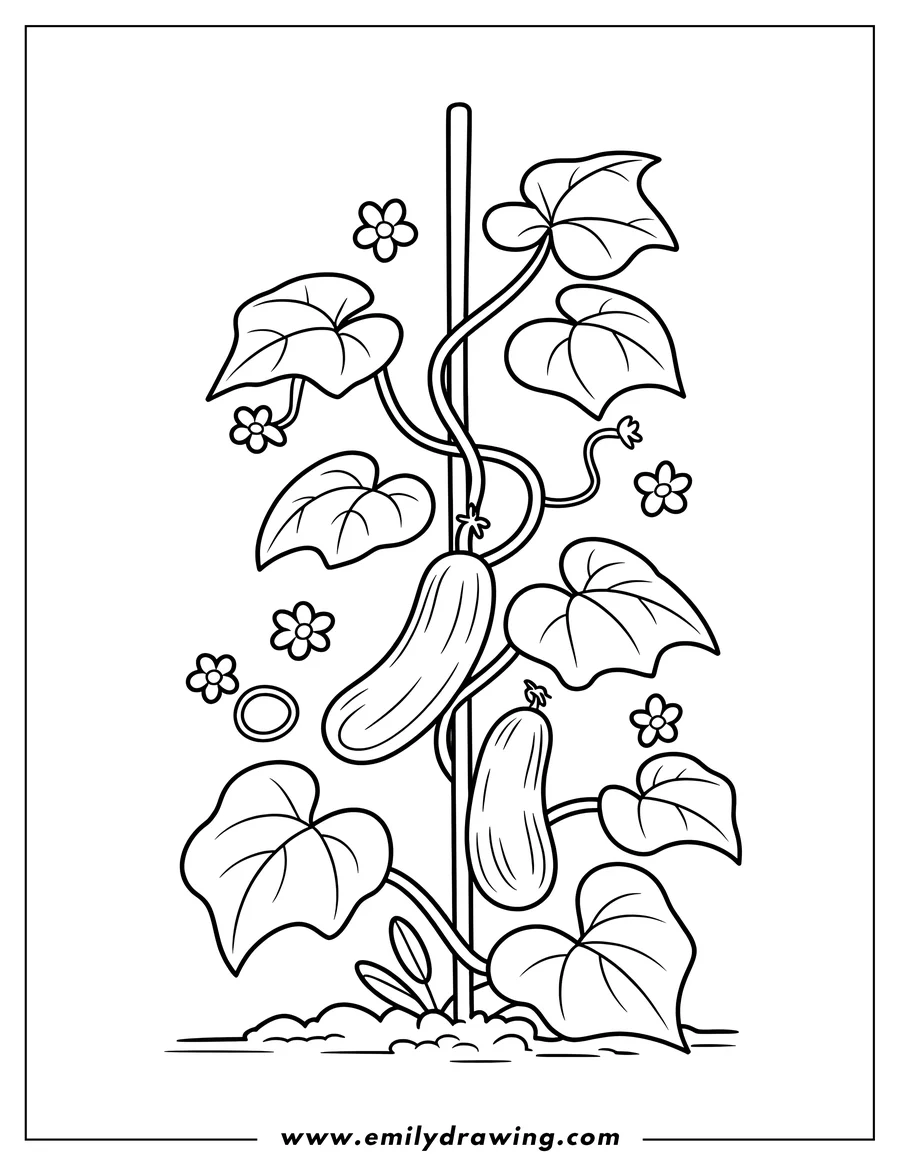 Line art of a cucumber plant with two cucumbers, large leaves, small flowers, and a supporting stake. The plant appears to be growing from a patch of soil.