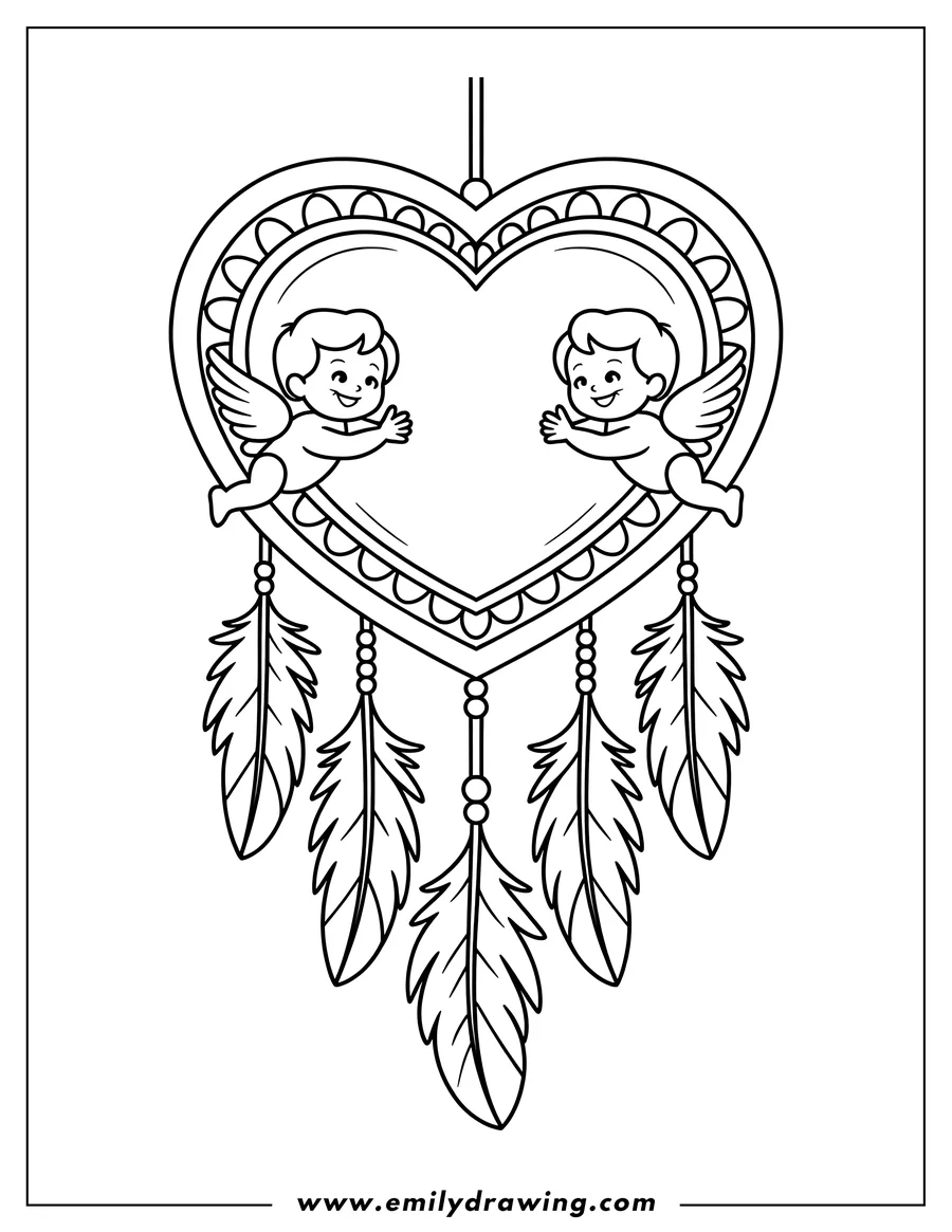 Outline of two cupids holding a heart-shaped dreamcatcher decorated with feathers.