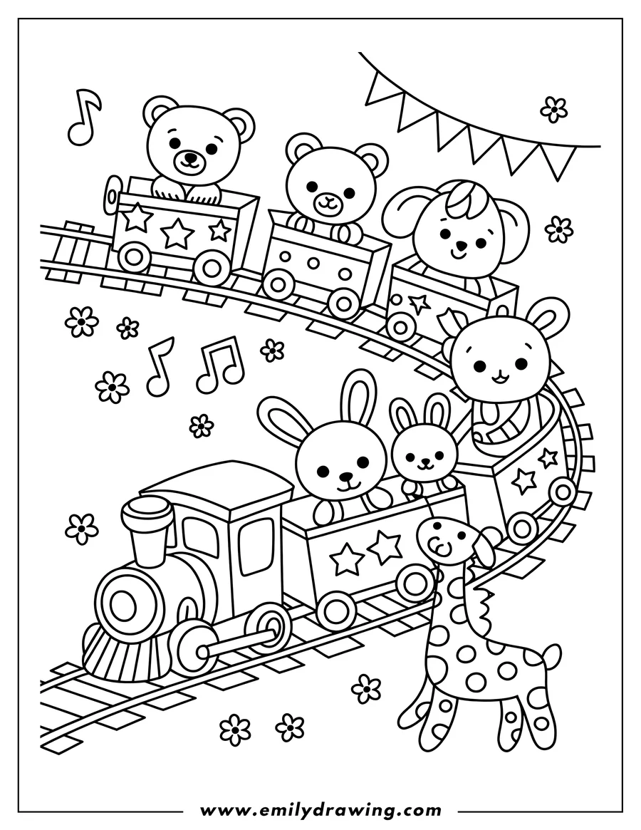 Outline of cute animals riding a train. Two bears, a puppy, two bunnies, and a giraffe are passengers. The train has star decorations and travels on a curving track.