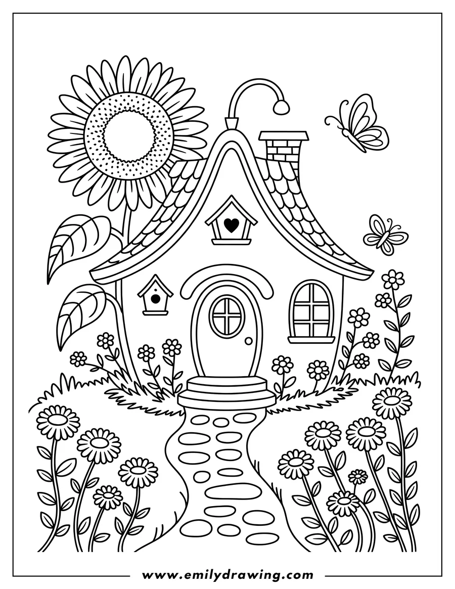 Outline of a cute house with birdhouses, near a large sunflower, smaller flowers, and butterflies.