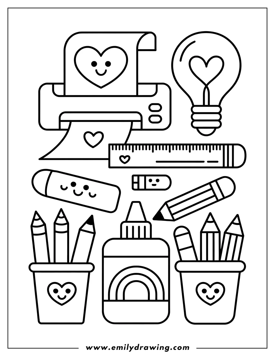 Line art illustration of various cute school supplies, including a printer, lightbulb, ruler, pencils, erasers, and glue, all decorated with hearts and smiley faces.