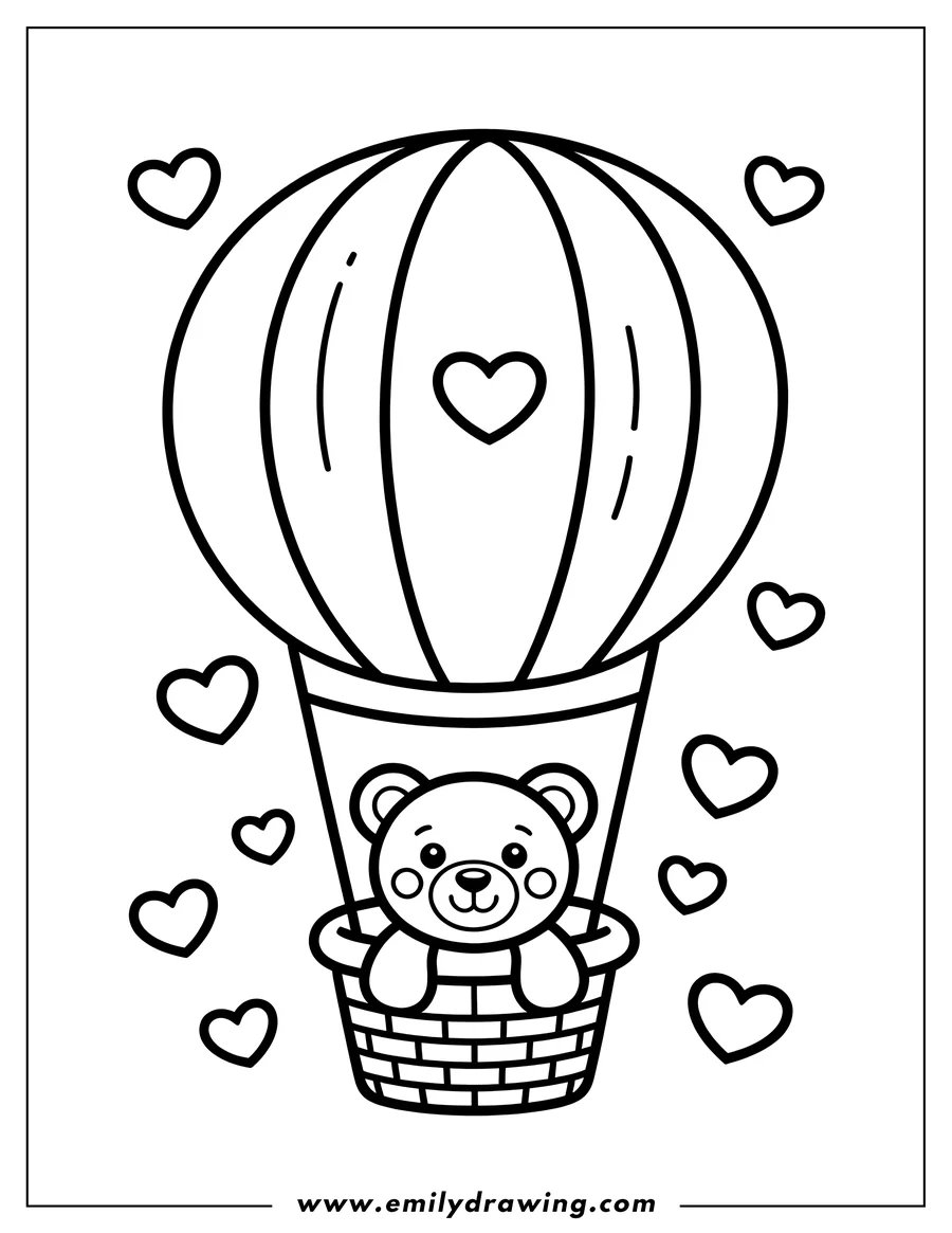 Outline of a cute teddy bear riding in a hot air balloon decorated with a heart, surrounded by floating hearts.