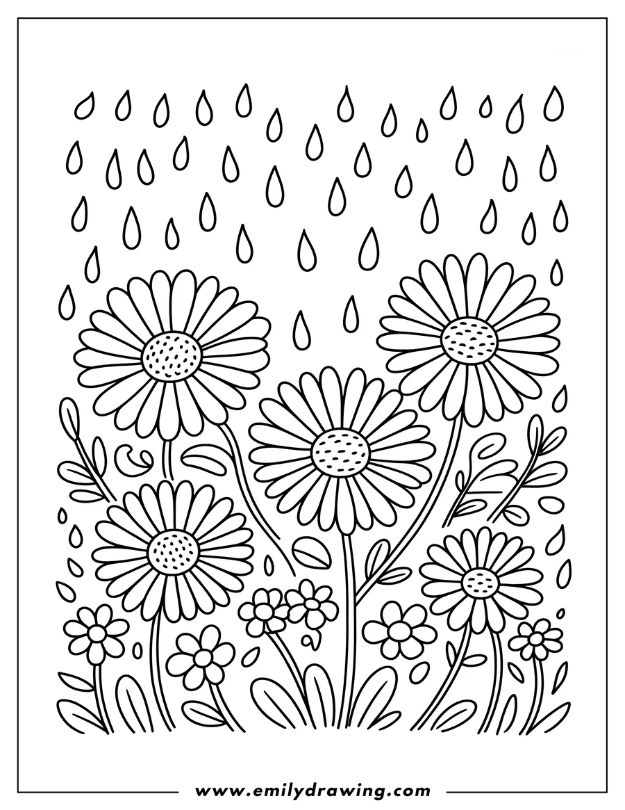Line art of daisies in the rain. Raindrops fall gently around the flowers.