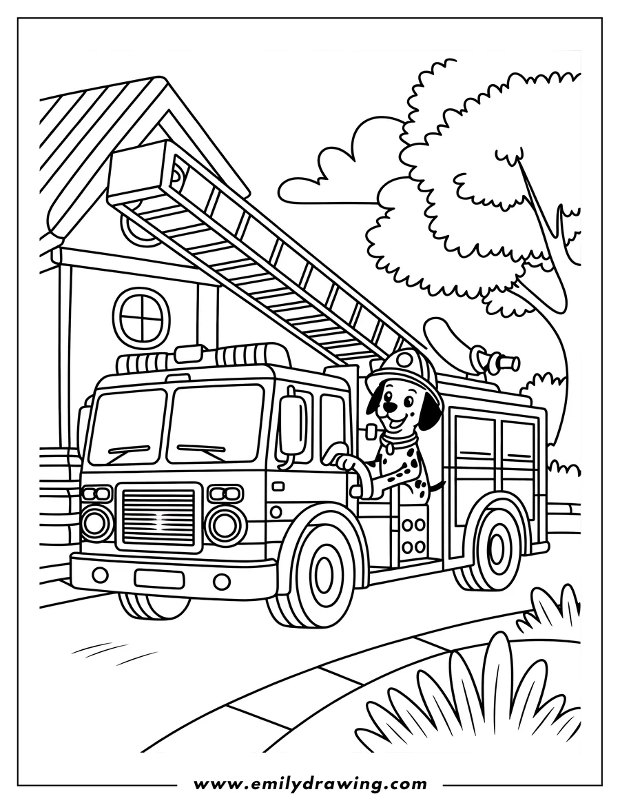 Line art of a smiling Dalmatian dog wearing a helmet and driving a large fire truck with an extended ladder. The truck is driving past a building and a tree.