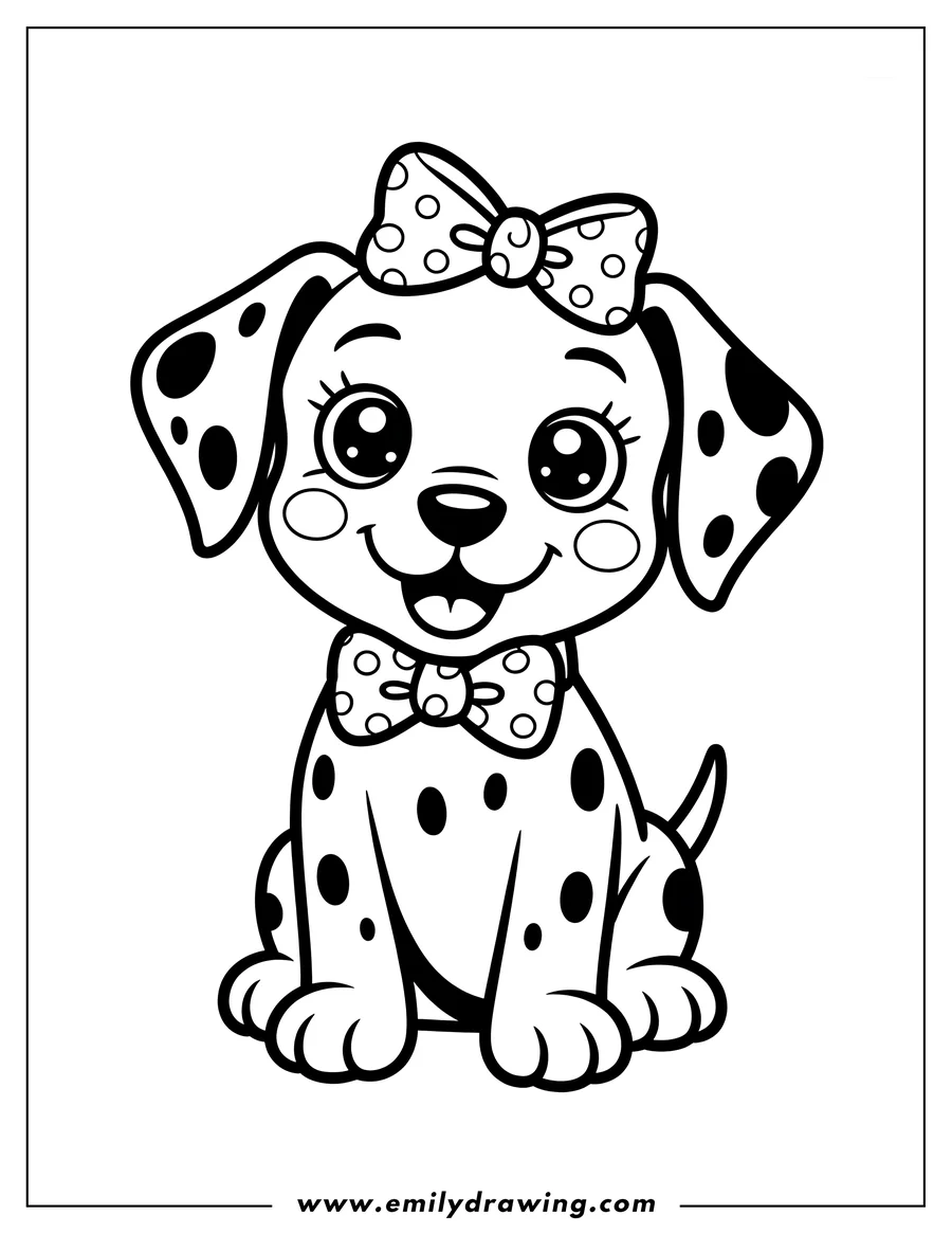 Line art of a Dalmatian puppy wearing a bow. It's sitting and smiling, ready to be colored.