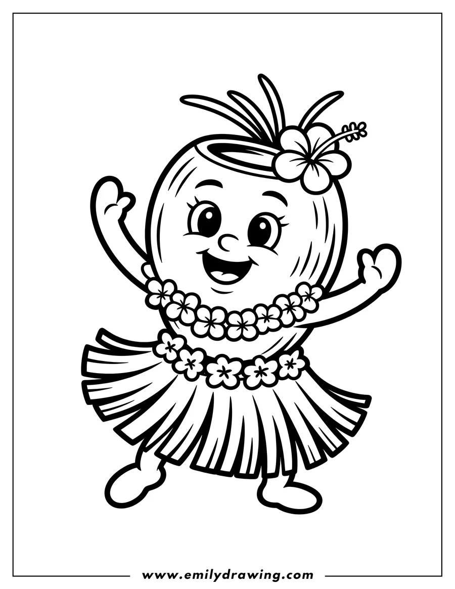 Line art of a happy dancing coconut wearing a grass skirt, flower lei, and hibiscus flower.
