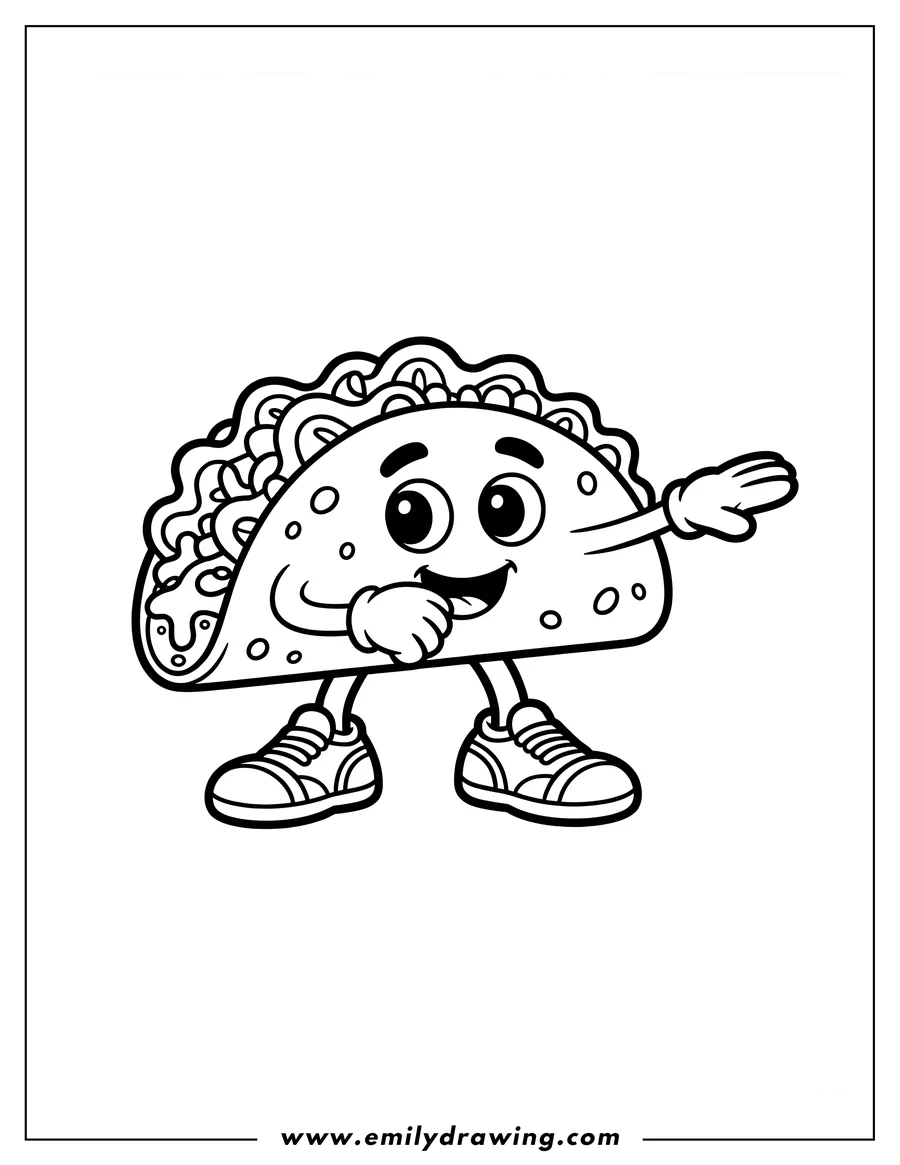 Line art of a cheerful taco wearing sneakers and dancing