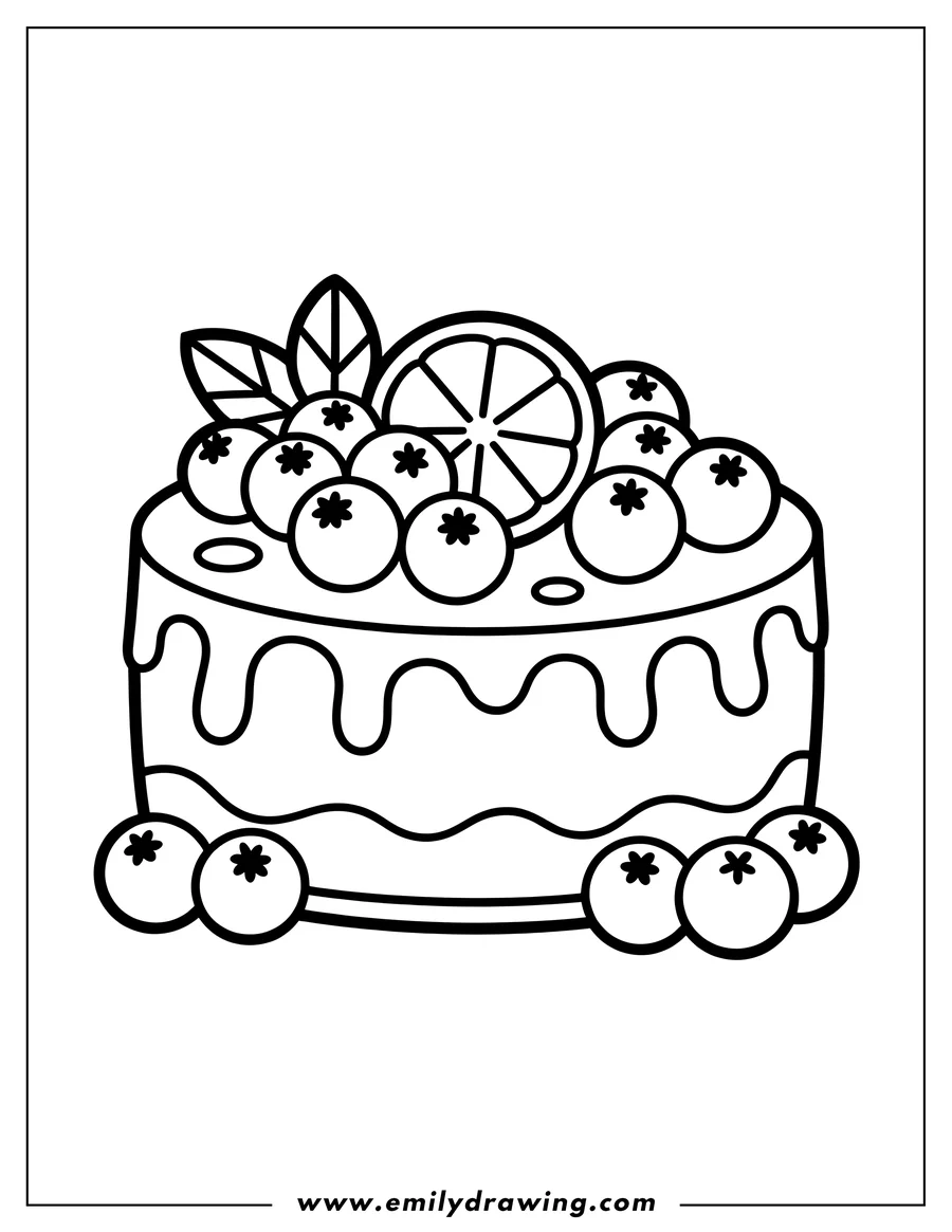 Outline of a single-layer cake decorated with blueberries, a lemon slice, and mint leaves. Icing drips down the sides.