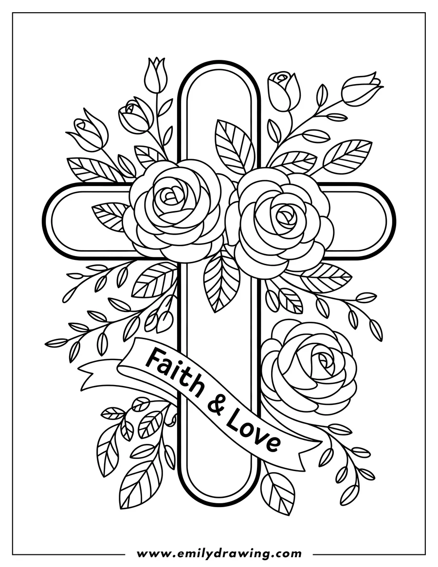 Outline of a decorative cross entwined with large blooming roses, rosebuds, and leafy vines. A ribbon banner across the front reads