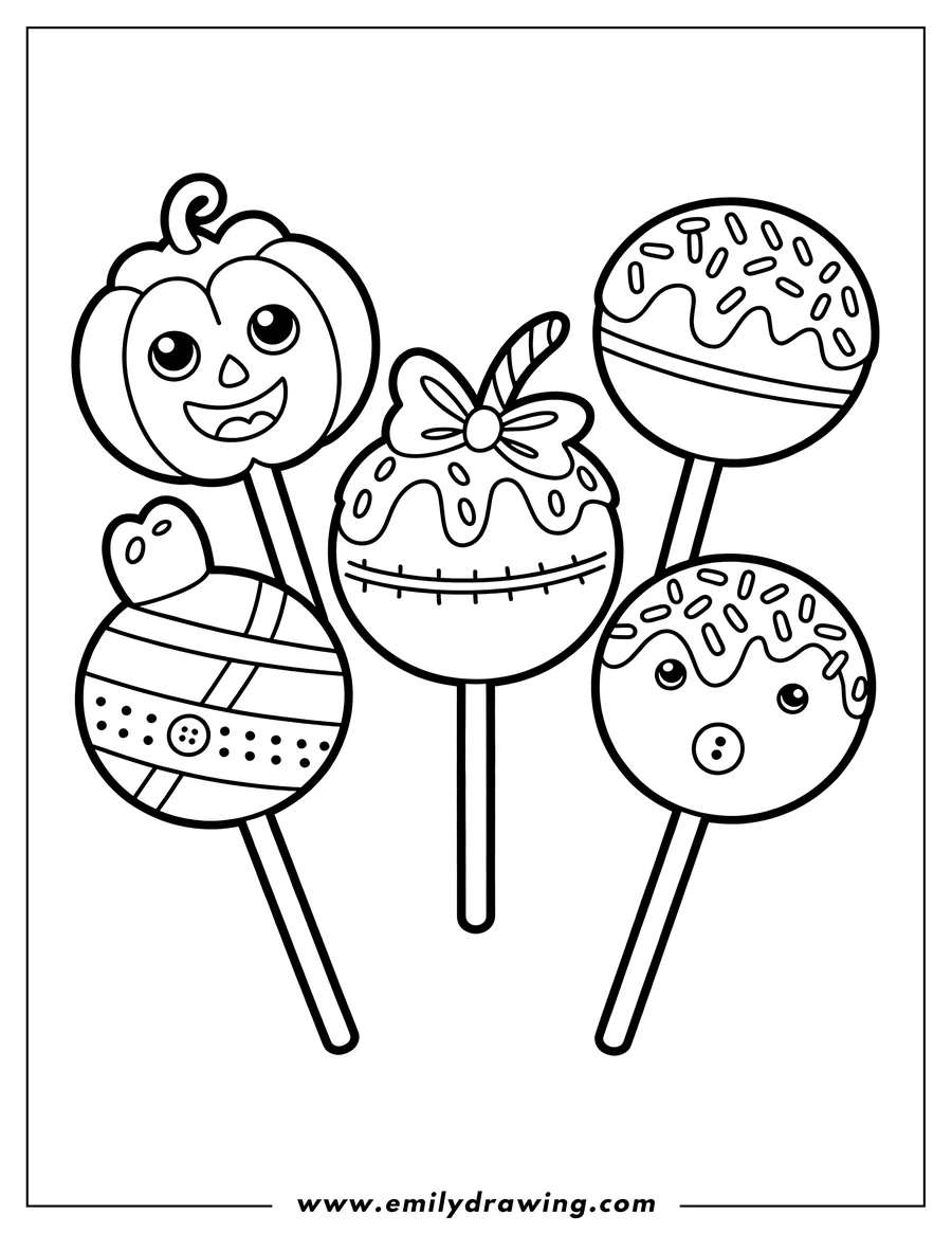 Line art of four decorated lollipops. One is shaped like a pumpkin, another has a large bow, and the remaining two have sprinkles and frosting designs.