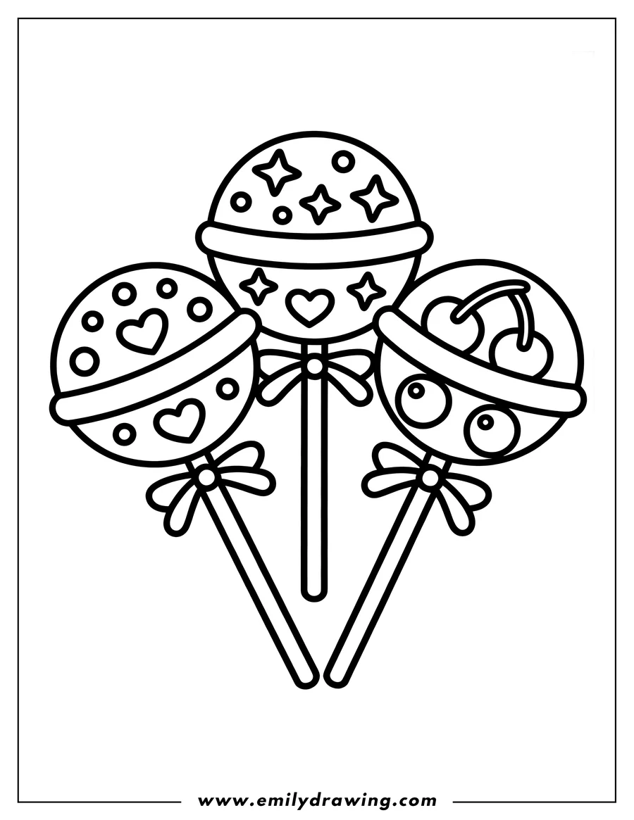 Outline of three lollipops with decorative patterns, including stars, hearts, and cherries.