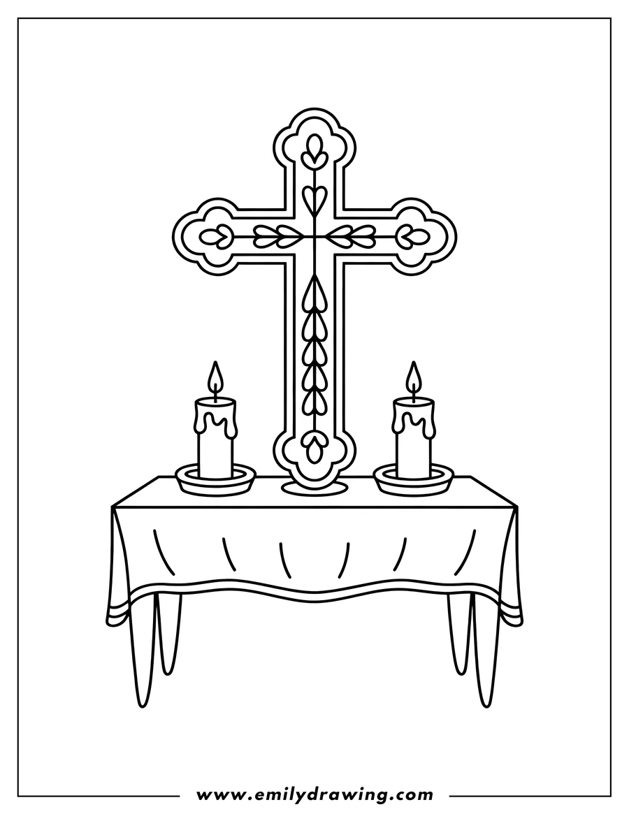 Line art of a decorated religious cross standing on a draped table, flanked by two lit candles.