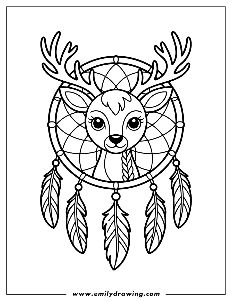 Outline of a deer inside a dreamcatcher. The deer has large eyes and antlers. Three feathers hang from the dreamcatcher's ring.