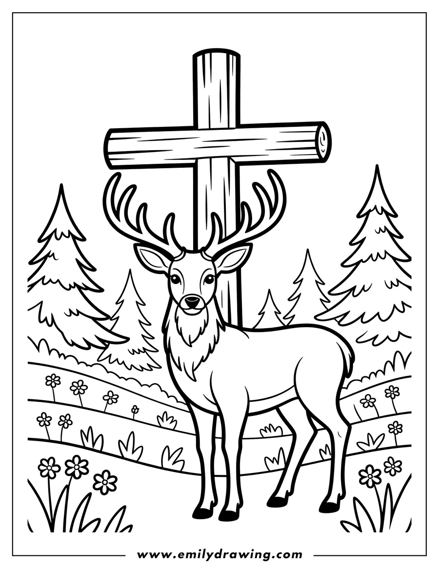 Line art of a stag (male deer) with large antlers standing in a flower meadow, positioned in front of a rugged wooden cross.