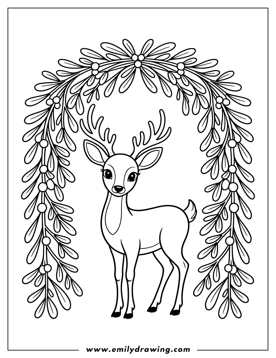 Outline of a deer standing beneath a mistletoe arch.