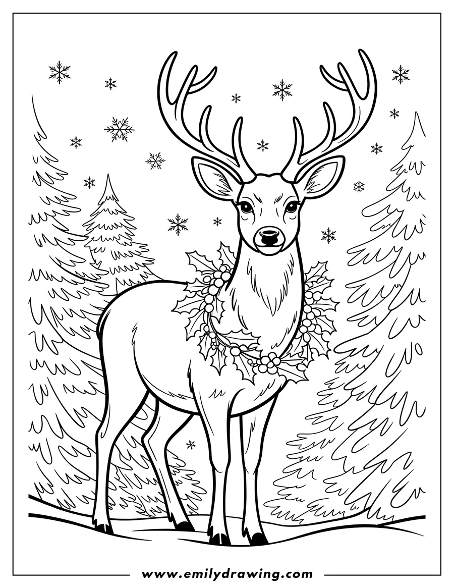 Line art of a deer wearing a holly sprig standing in a snowy forest.