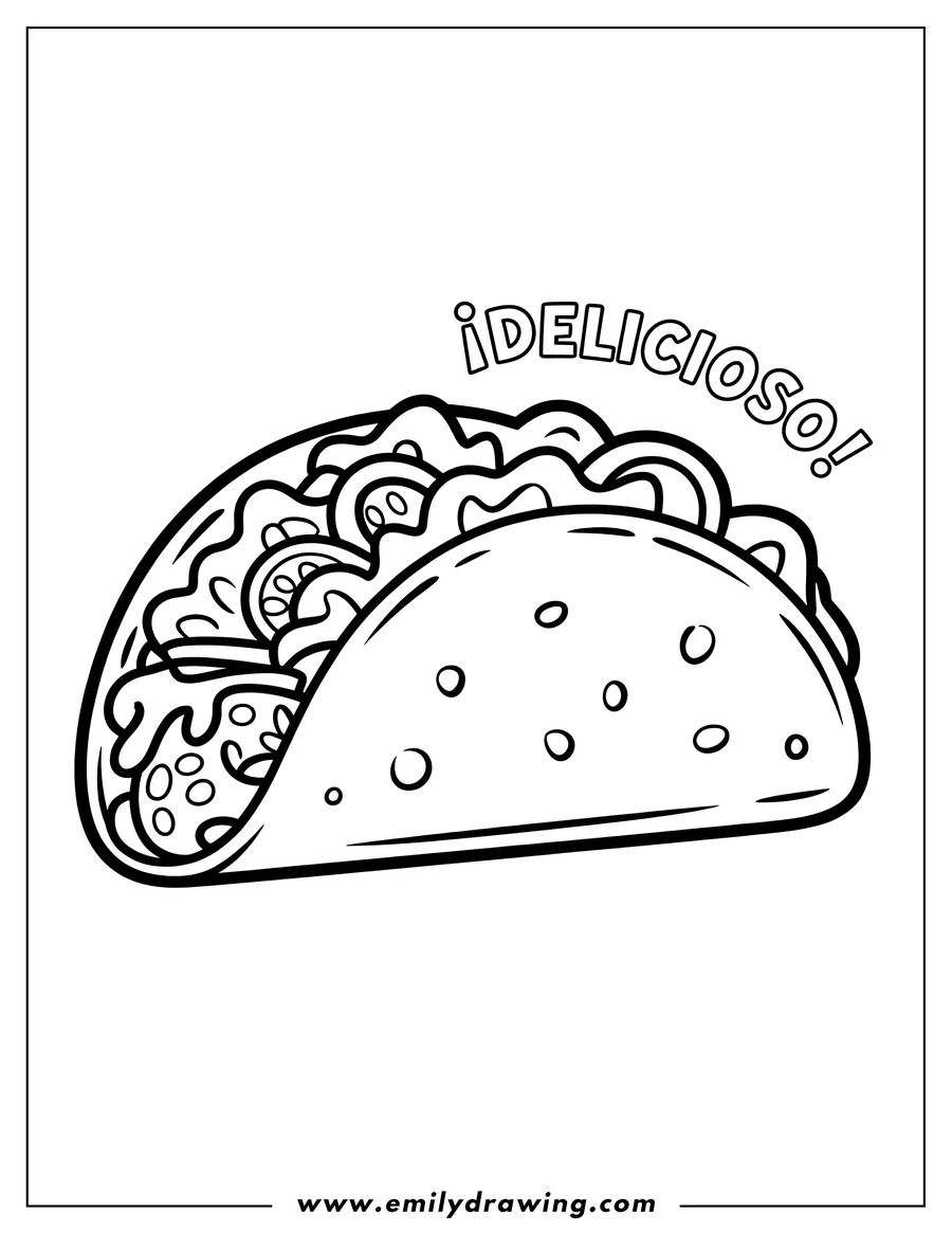 Line art of a delicious taco filled with various toppings.