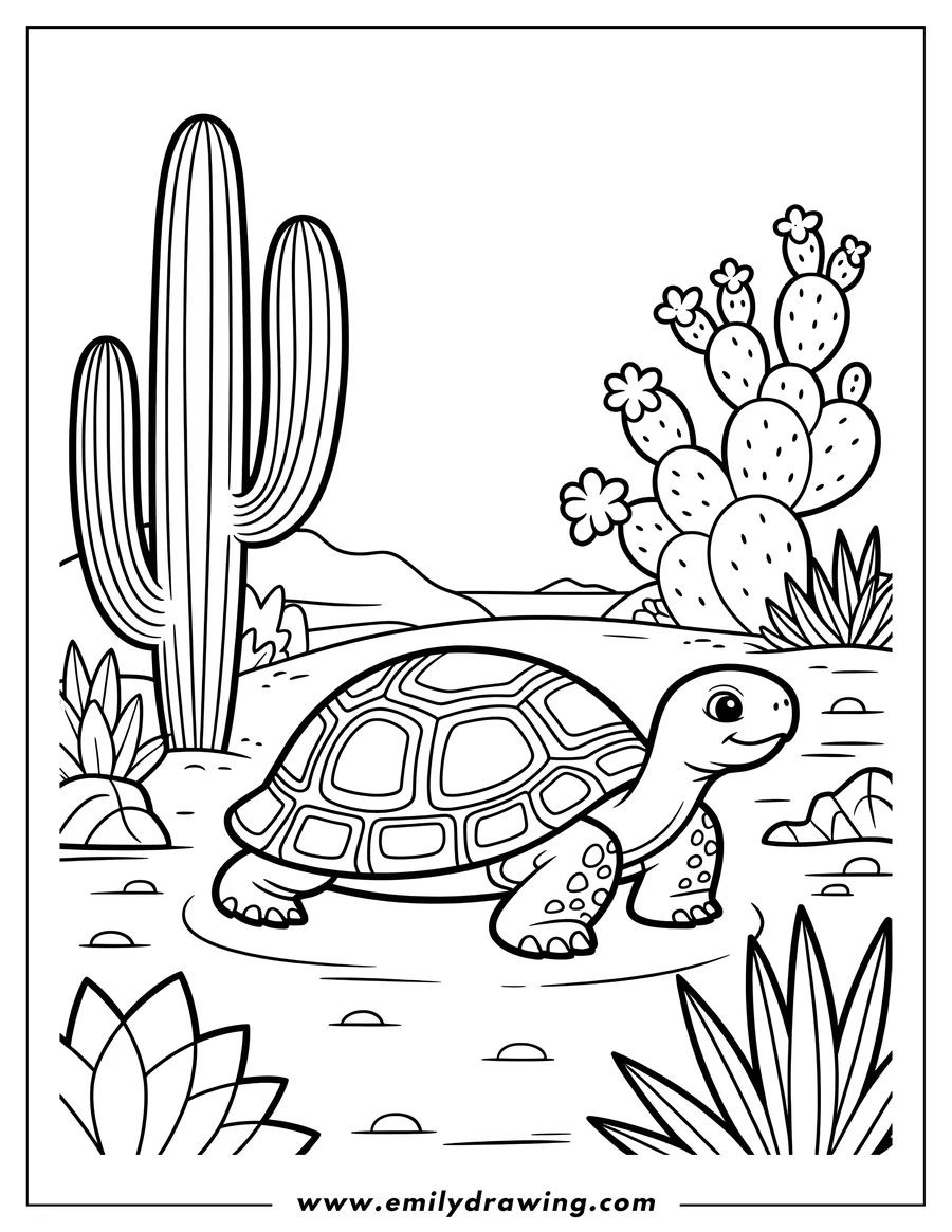 Outline of a desert tortoise walking near cacti and desert plants.