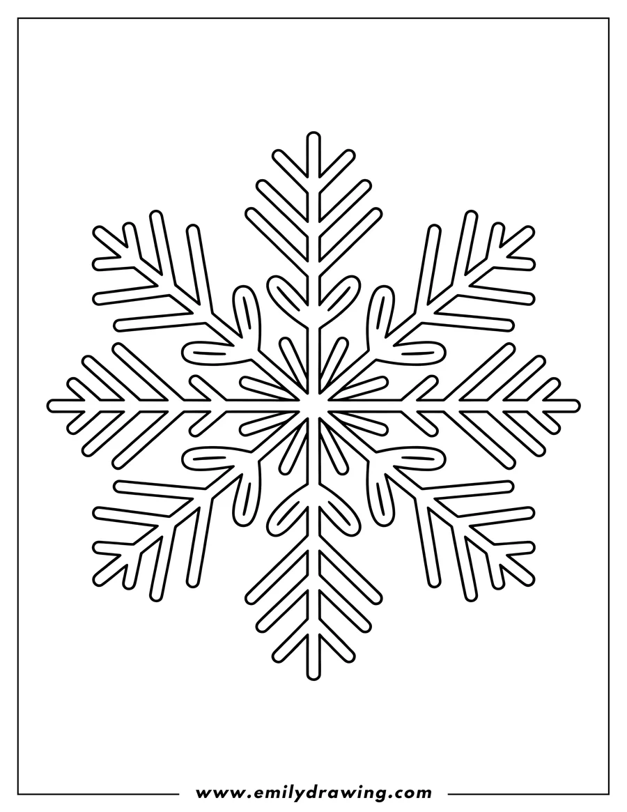 Intricate line art of a detailed snowflake, ready to be colored in.