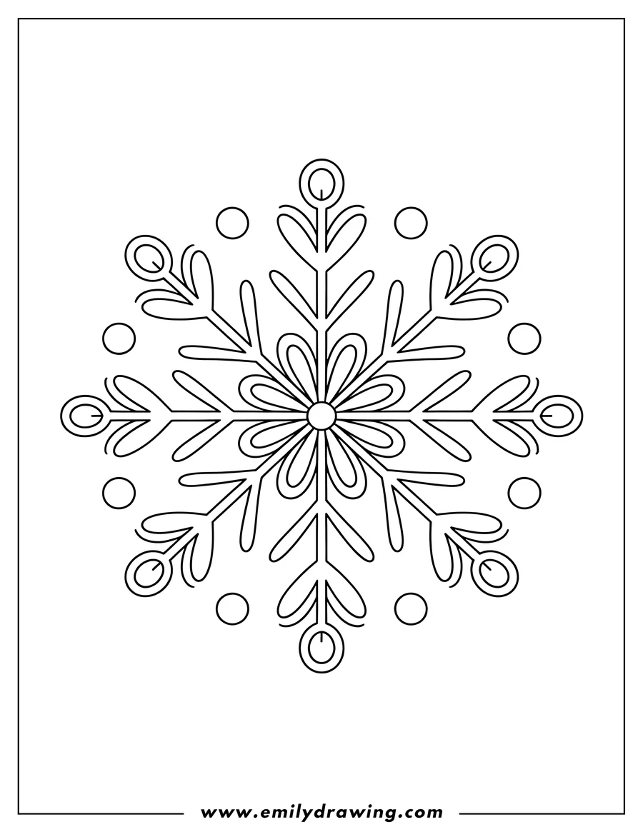 Intricate line art of a snowflake with a floral design in the center, surrounded by smaller circles.