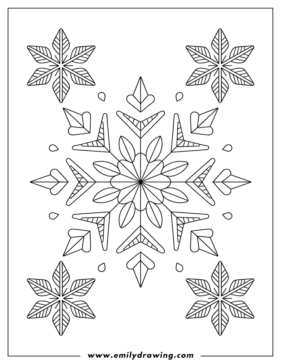 Intricate line art of a large, detailed snowflake surrounded by four smaller snowflakes. Perfect for a winter coloring activity.