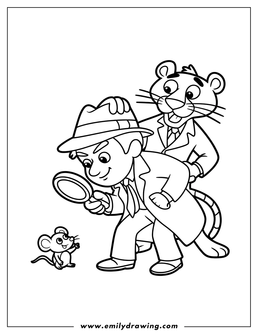 Line art of a detective with a magnifying glass, assisted by the Pink Panther, investigating a small mouse.