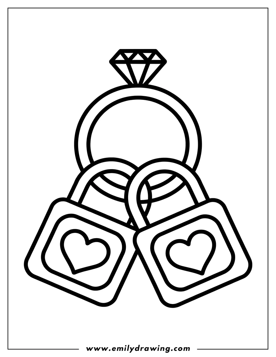Outline of a diamond ring linked with two heart-shaped padlocks.