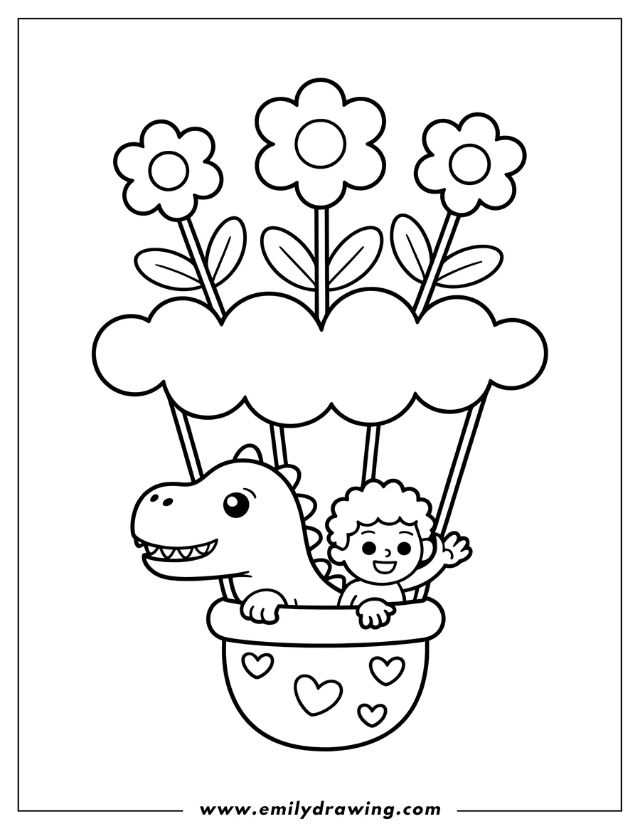 Outline of a dinosaur and a child riding in a hot air balloon with a flower balloon top.