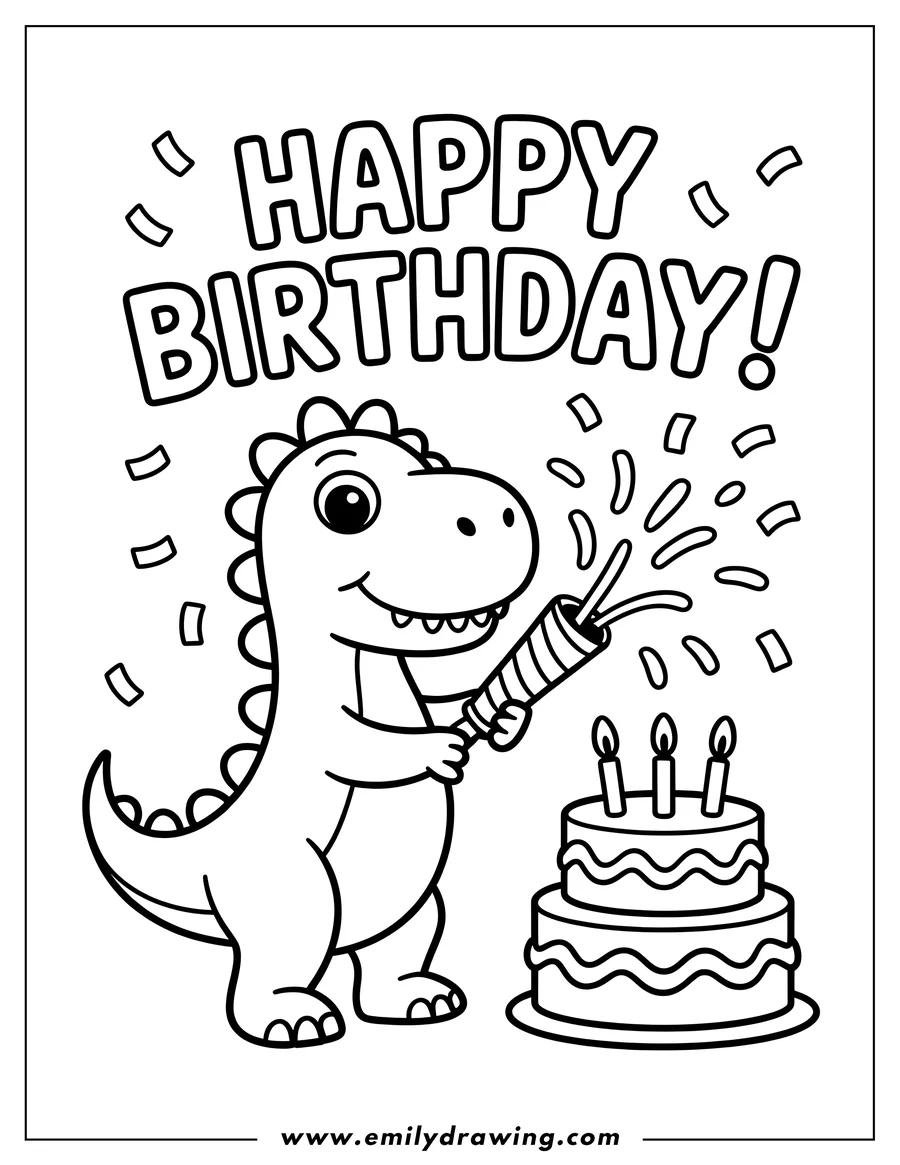 Line art of a friendly dinosaur celebrating with a party popper next to a birthday cake with three lit candles.