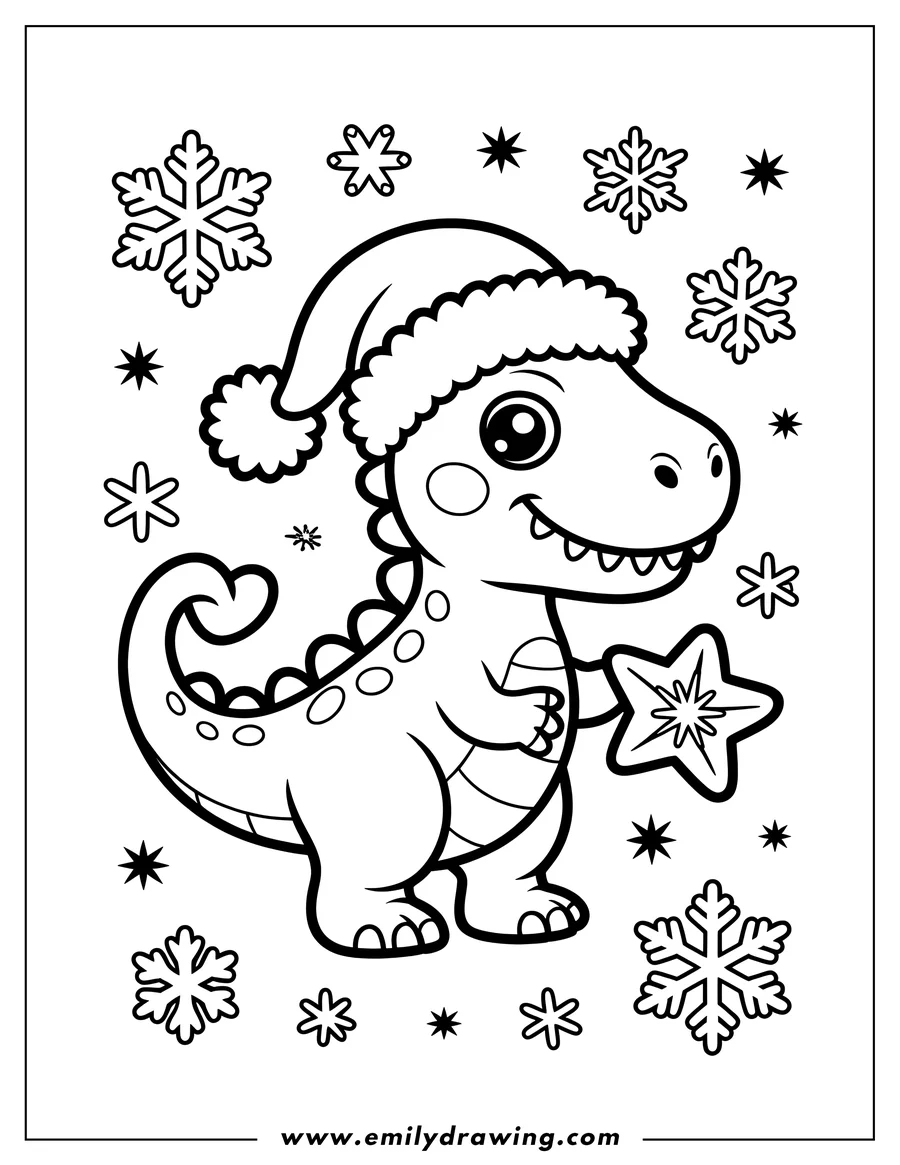 Line art of a dinosaur wearing a Santa hat and holding a Christmas star, surrounded by snowflakes.