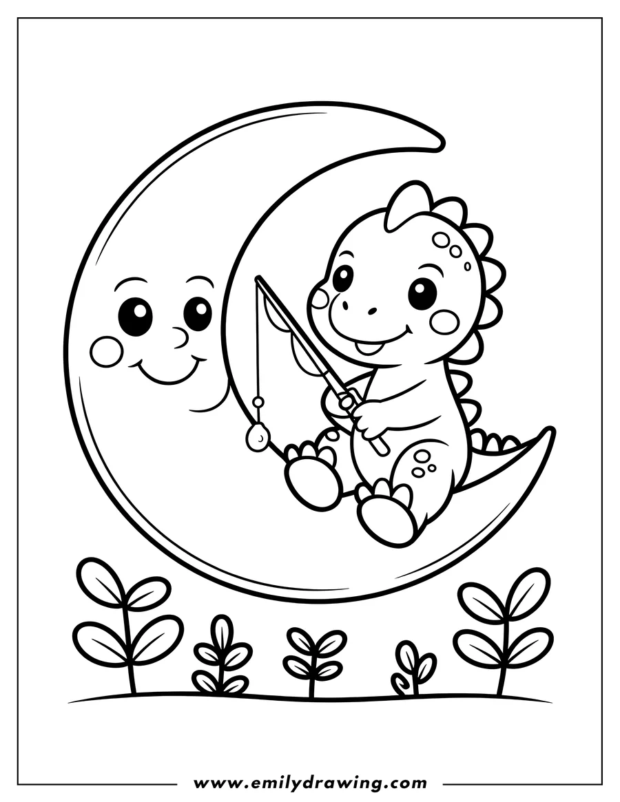Outline of a friendly dinosaur sitting on a smiling crescent moon and fishing with a simple rod.