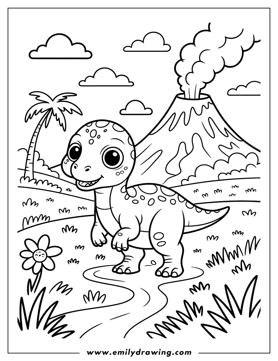 Line art of a baby dinosaur near a smoking volcano, with a palm tree, flower, and grassy landscape.