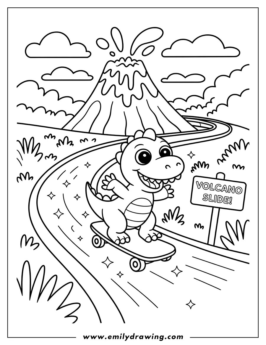 Line art of a dinosaur skateboarding down a slide formed by a volcano slope. A sign says 'Volcano Slide!'.