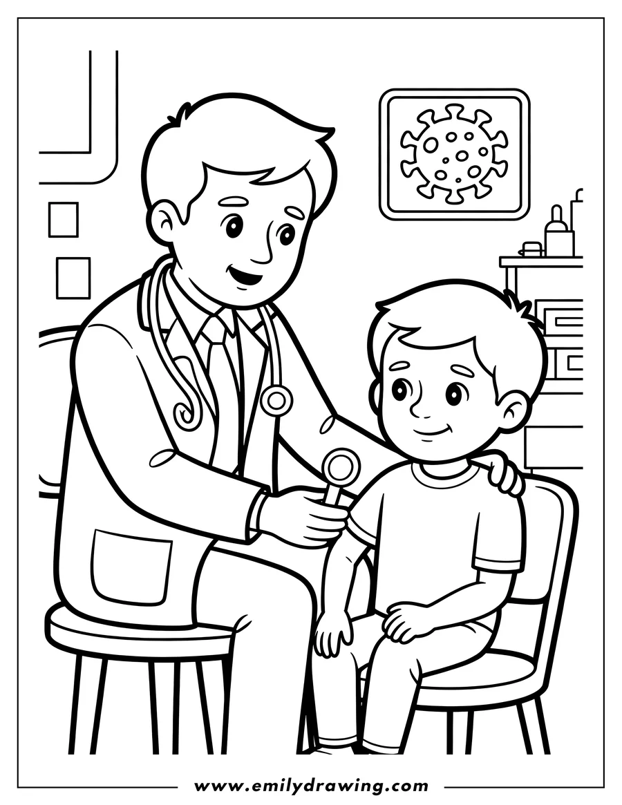 Line art of a doctor examining a young patient at a clinic. The doctor, wearing a stethoscope, holds a medical instrument near the child's chest, while the child sits calmly on a chair. A poster about viruses is visible in the background.